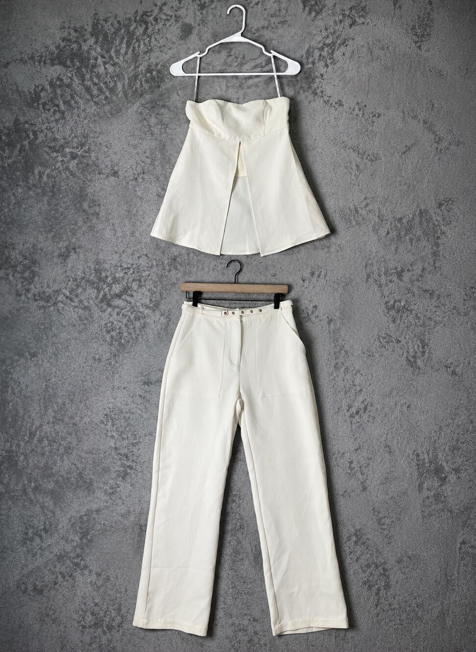 SABO Aila Strapless Split Peplum Top and Trouser Pants Set Minimalist Small New